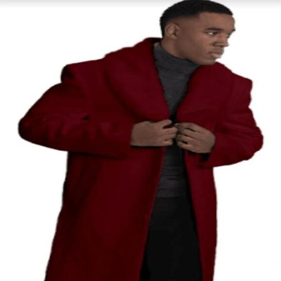 Mens Overcoat With Fur Collar - Burgundy Topcoat - Maroon Wool Fabric Long Coat - Picture 1 of 2